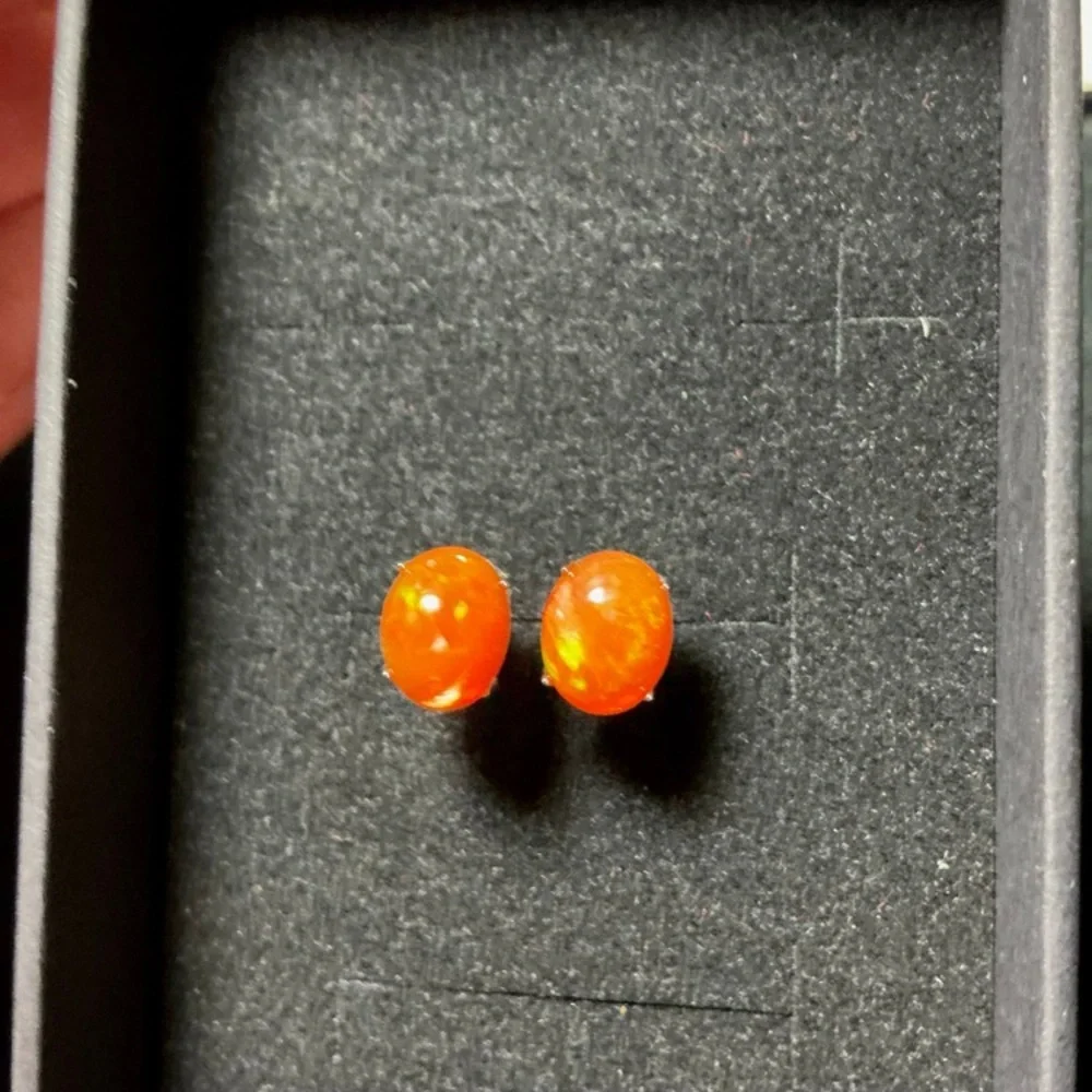 Fire Opal Earrings Ethiopian Fire Opal Earrings Sterling Silver Opal Earrings - Picture 6 of 7